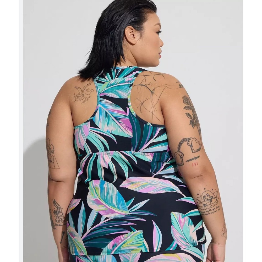 Torrid Womens Plus Size 2 Tropical Palm Leaf Racerback Tankini Swim Top Black